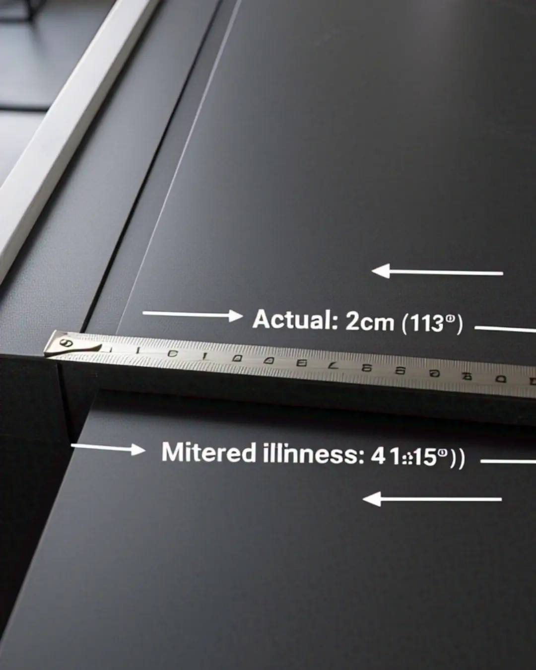 A close-up, overhead shot of a kitchen countertop with a mitered edge, showing a metal measuring tape extended across the profile to highlight the thickness. The image features:

Left Side:

*Raw 2cm (3/4") quartz slab (unmitered) with tape showing actual thinness*

*Label: "Actual: 2cm / ¾""*

Right Side:

Same material with mitered edge, tape measuring the illusionary 4cm (1½") thickness

*Label: "Mitered Illusion: 4cm / 1½""*

Styling Details:

Matte black quartz countertop for contrast

Brushed metal measuring tape for clarity

Arrow graphics pointing to key measurements

Minimalist kitchen backdrop (hint of cabinets and backsplash)

Style: Product photography with sharp focus, clean shadows, and a muted color palette (blacks, grays, metallic).