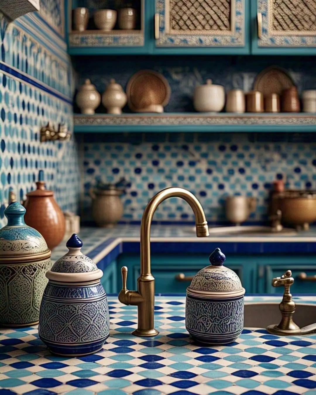 The Ultimate Guide to Countertop Materials: Find Your Perfect Match 14 A vibrant blue-and-white Moroccan zellige tile countertop, paired with brass fixtures and a collection of ceramic spice jars. The handmade tiles catch the light, creating a playful, textured surface."