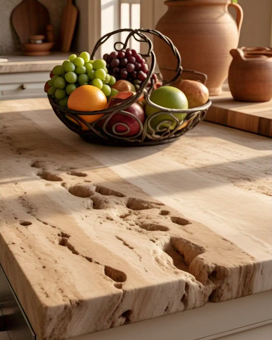 The Ultimate Guide to Countertop Materials: Find Your Perfect Match 16 A honed travertine countertop with natural crevices, styled with a wrought-iron fruit basket, olive wood cutting board, and terracotta pots. Sunlight highlights its creamy beige tones and organic texture.