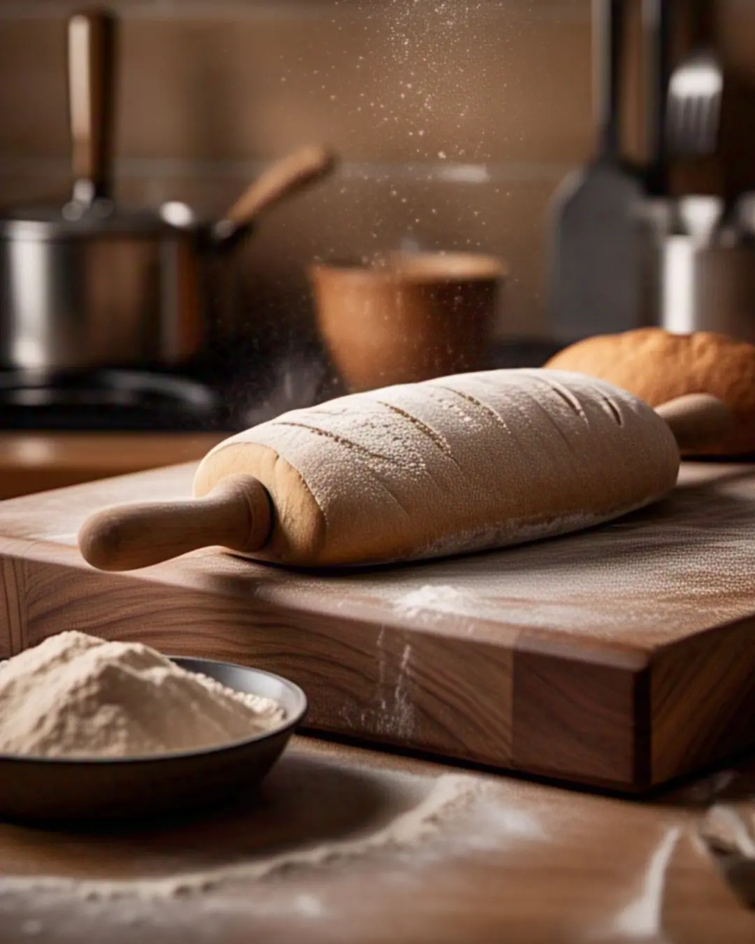 Eased Edge Countertop – Everything You Need to Know 7 Eased Edge Countertop / Honey-toned walnut butcher block with eased edges, featuring a rolling pin and flour-dusted bread dough
