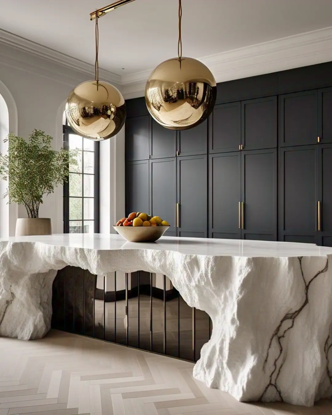 Waterfall Edge Countertop: What Is It and Why Is It So Cool? 2 waterfall edge countertop / A white quartz waterfall island with veins running down the side like a marble superhero cape, with a fruit bowl on top looking very impressed.