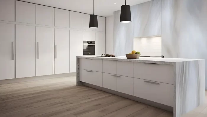 Modern minimalist kitchen with white quartz waterfall island, matte white cabinets, and black pendant lighting. The countertop flows vertically down both sides in a seamless drop, creating a sleek focal point.