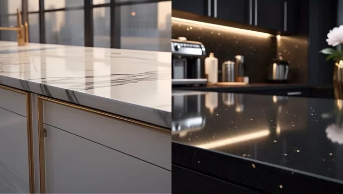 Luxury white marble countertop with sharp beveled edge reflecting golden light, gray veining, and minimalist brass pendant lights in a high-end kitchen.