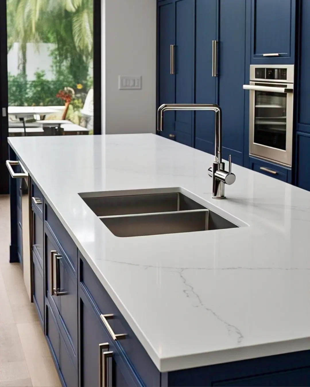 Beveled Edge Countertop: A Simple Guide for Every Homeowner 9 White quartz countertop with a crisp double-beveled edge, paired with navy blue cabinets in a modern kitchen.