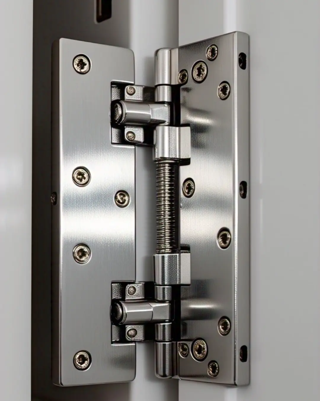 A close-up of a modern European hinge mounted inside a white cabinet, showing its clean, hidden design with adjustment screws visible. The cabinet door is partially open, revealing the hinge mechanism, while the surrounding kitchen appears sleek and uncluttered.