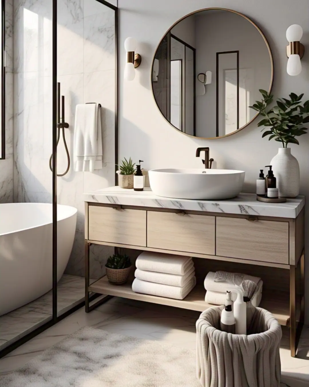 How and How Often You Should Clean Your Bathroom – A No-Stress Guide 2 How Often You Should Clean Your Bathroom / A sunlit, spa-like bathroom with marble counters, fluffy white towels, and a perfectly organized cleaning caddy featuring natural brushes, linen spray bottles, and a cute succulent. The shower glass is so spotless it looks invisible, and there's not a single water spot in sight.