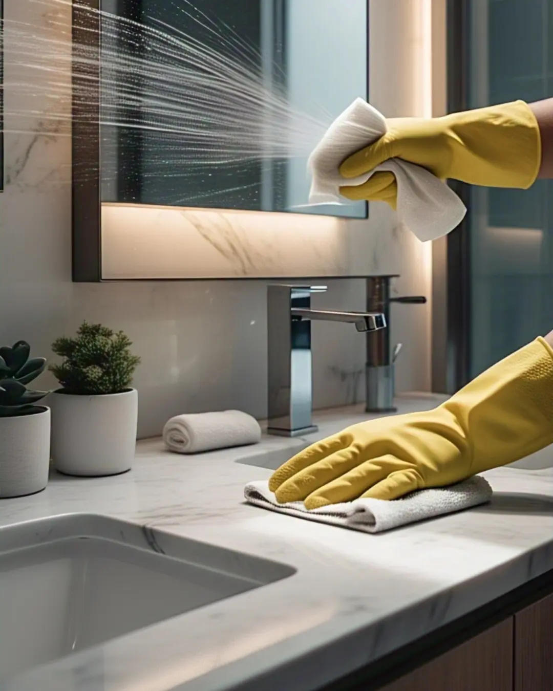 How and How Often You Should Clean Your Bathroom – A No-Stress Guide 3 How Often You Should Clean Your Bathroom / Hands in yellow rubber gloves quickly wiping down a bathroom counter with a disinfecting wipe, capturing the motion blur of cleaning action. The background shows a well-lit modern bathroom with plants and fluffy towels.