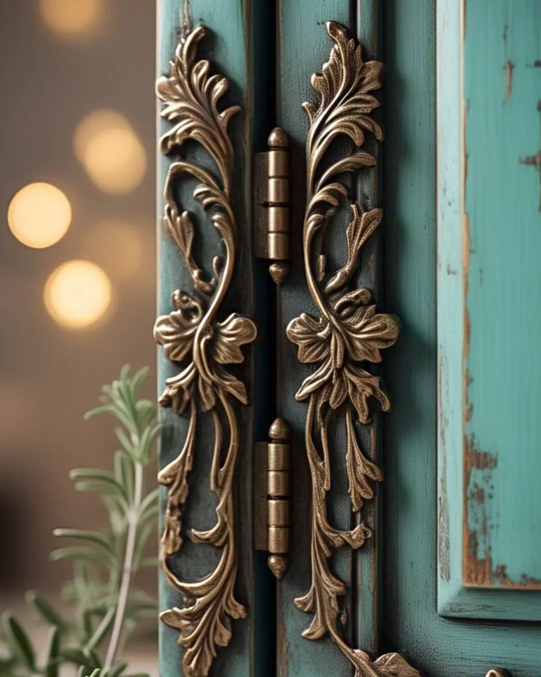 A close-up of ornate bronze hinges shaped like ivy vines, wrapping around the corner of a distressed turquoise cabinet. Golden light highlights the intricate details, while the rest of the rustic kitchen fades into a creamy bokeh background. A single fresh herb rests on the counter nearby, because even styling hinges deserves garnish.