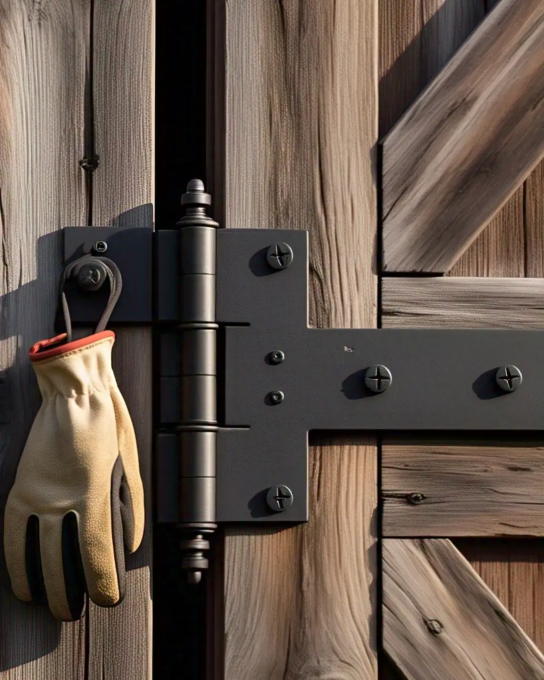 A close-up of matte black heavy-duty hinges supporting a reclaimed wood barn door, with morning light highlighting the thick steel construction. The door is slightly ajar, revealing the industrial-chic hardware in all its glory against the rustic wood. A work glove hangs nearby, suggesting this is hardware that gets the job done.