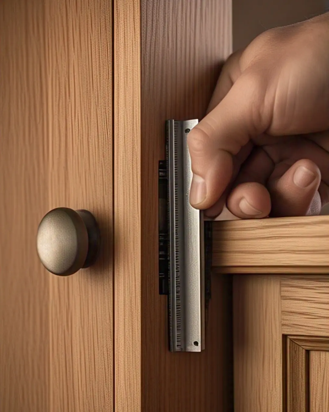 A craftsman's hand adjusting an inset cabinet door with a feeler gauge, showing the hairline-perfect gaps around the door. The honey-toned oak cabinet features visible grain on both door and frame, with soft light highlighting the flawless alignment.