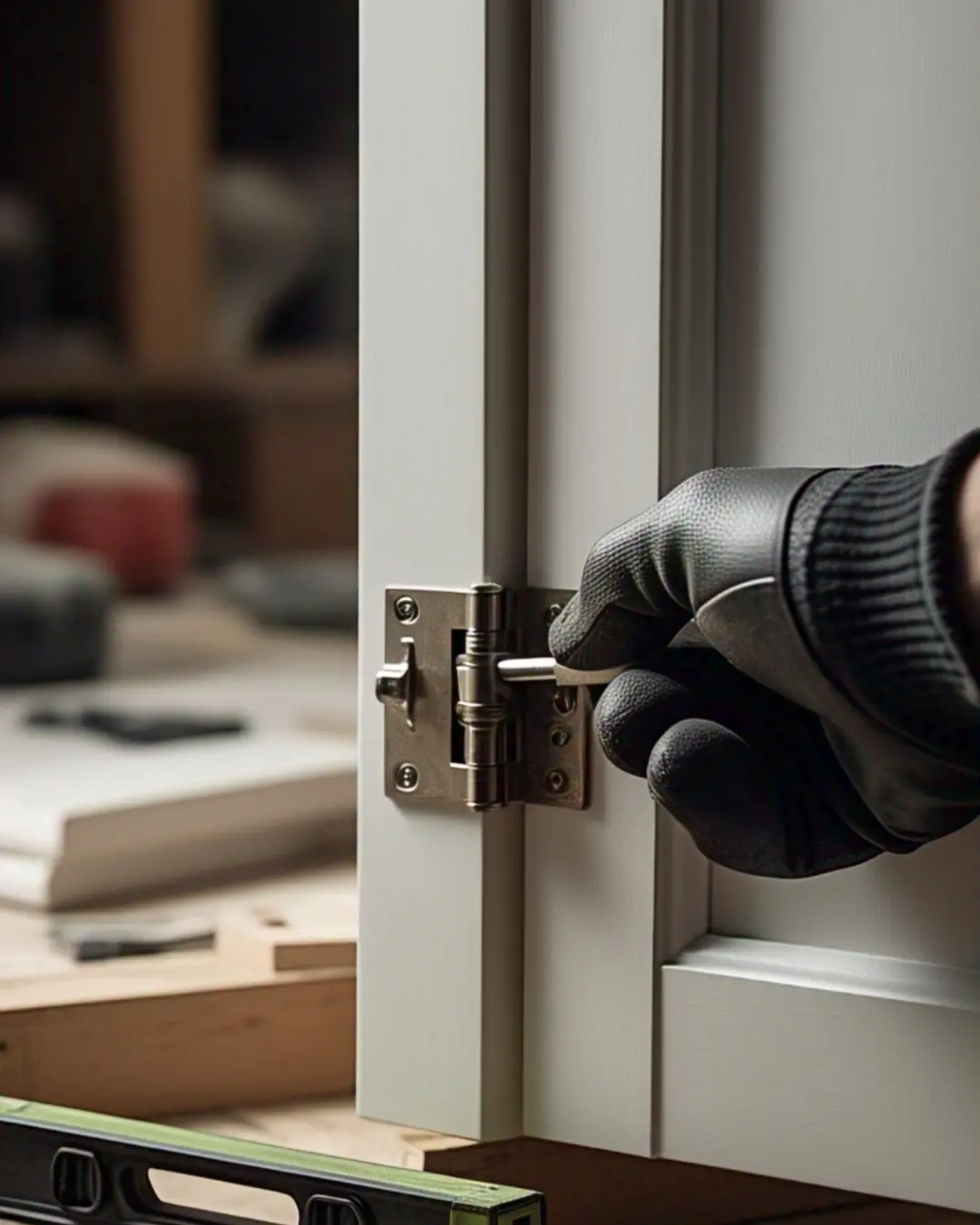 🔧 How to Install Cabinet Hinges (Without Losing Your Sanity) / A hand holding a screwdriver, mid-installation of a European hinge on a white cabinet door. The hinge’s adjustment screws are clearly visible, and a small level rests nearby to ensure perfect alignment. Soft workshop lighting highlights the precision work.