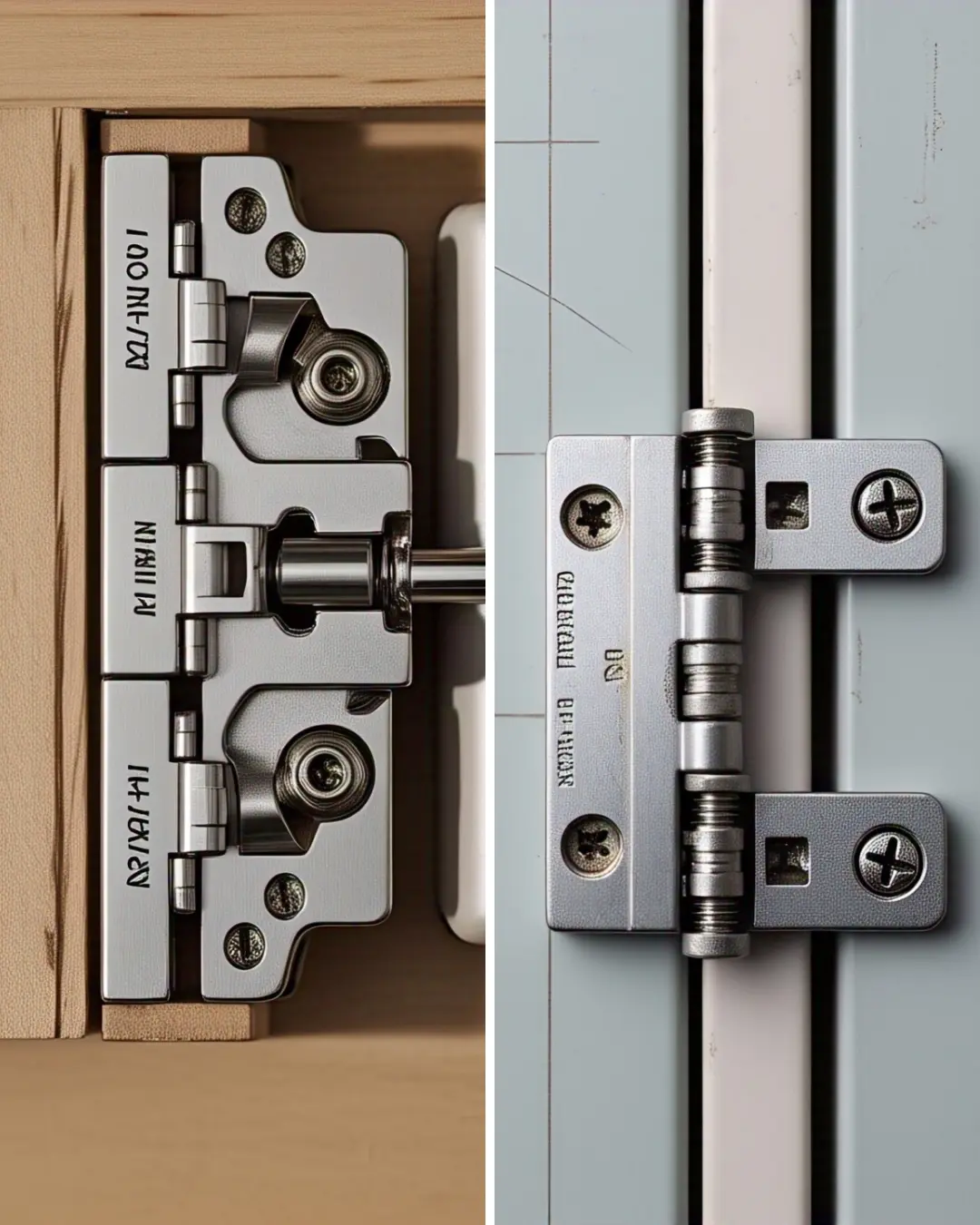 Top-down view of an installed partial overlay hinge with its arm extended mid-swing, showing how the door clears the cabinet face. The hinge's adjustment screws are clearly visible and labeled.