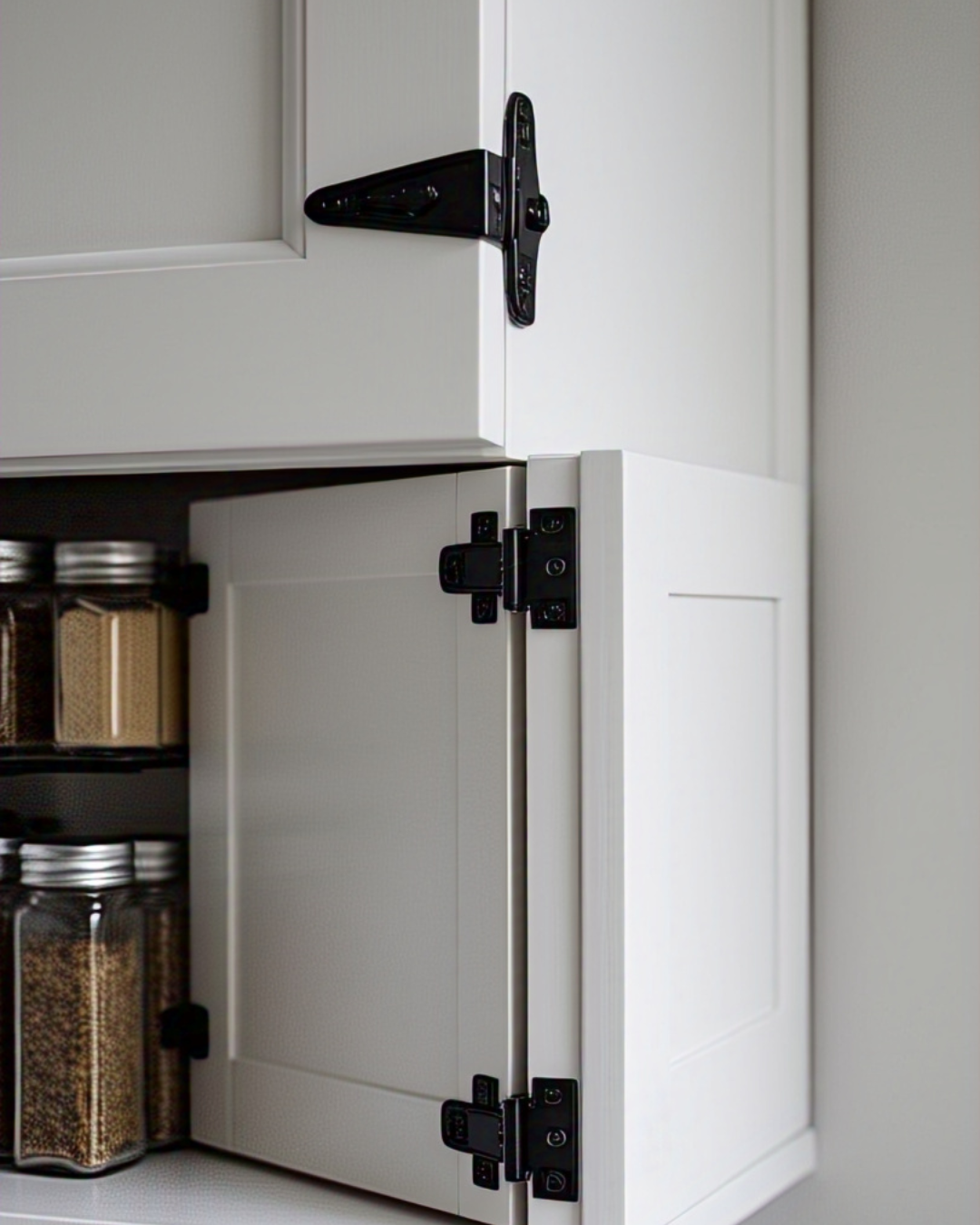 A sleek, white corner cabinet with a matte black pivot hinge at the top and bottom, caught mid-swing to show off its smooth rotation. The door hovers perfectly aligned, revealing a well-organized spice rack inside. Soft natural light highlights the hinge’s hidden-but-mighty design.