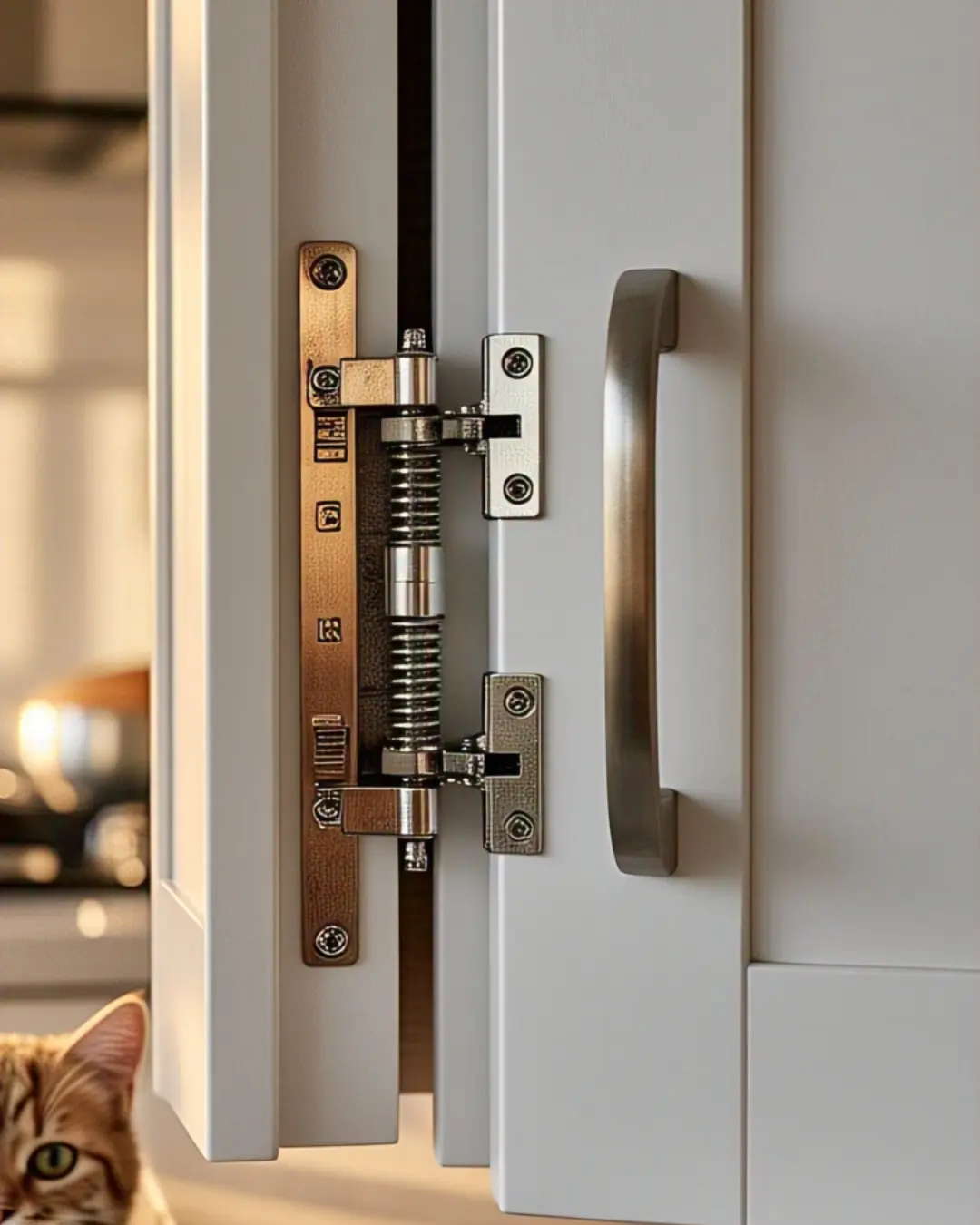 A crisp white cabinet door caught mid-self-close, the hinge’s spring mechanism visible in the gap. Golden afternoon light highlights the slow, smooth motion, while a curious cat watches just out of reach (denied access to the tuna stash). A perfectly level bubble gauge sits nearby, because precision matters.