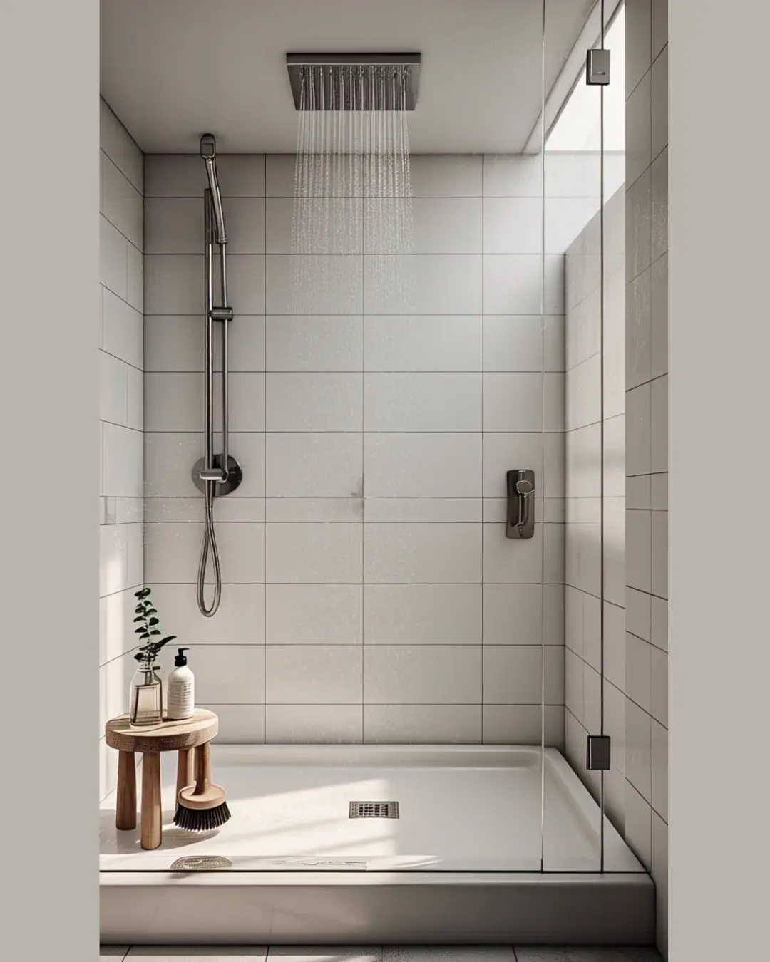 How and How Often You Should Clean Your Bathroom – A No-Stress Guide 6 A dreamy, sunlit shower with pristine white tiles, a rain showerhead glistening with water droplets, and a stylish caddy holding natural cleaning supplies (wooden brush, linen spray bottle, and a sprig of eucalyptus). The glass door is so clear it looks invisible—no streaks, no scum, just pure shower bliss.