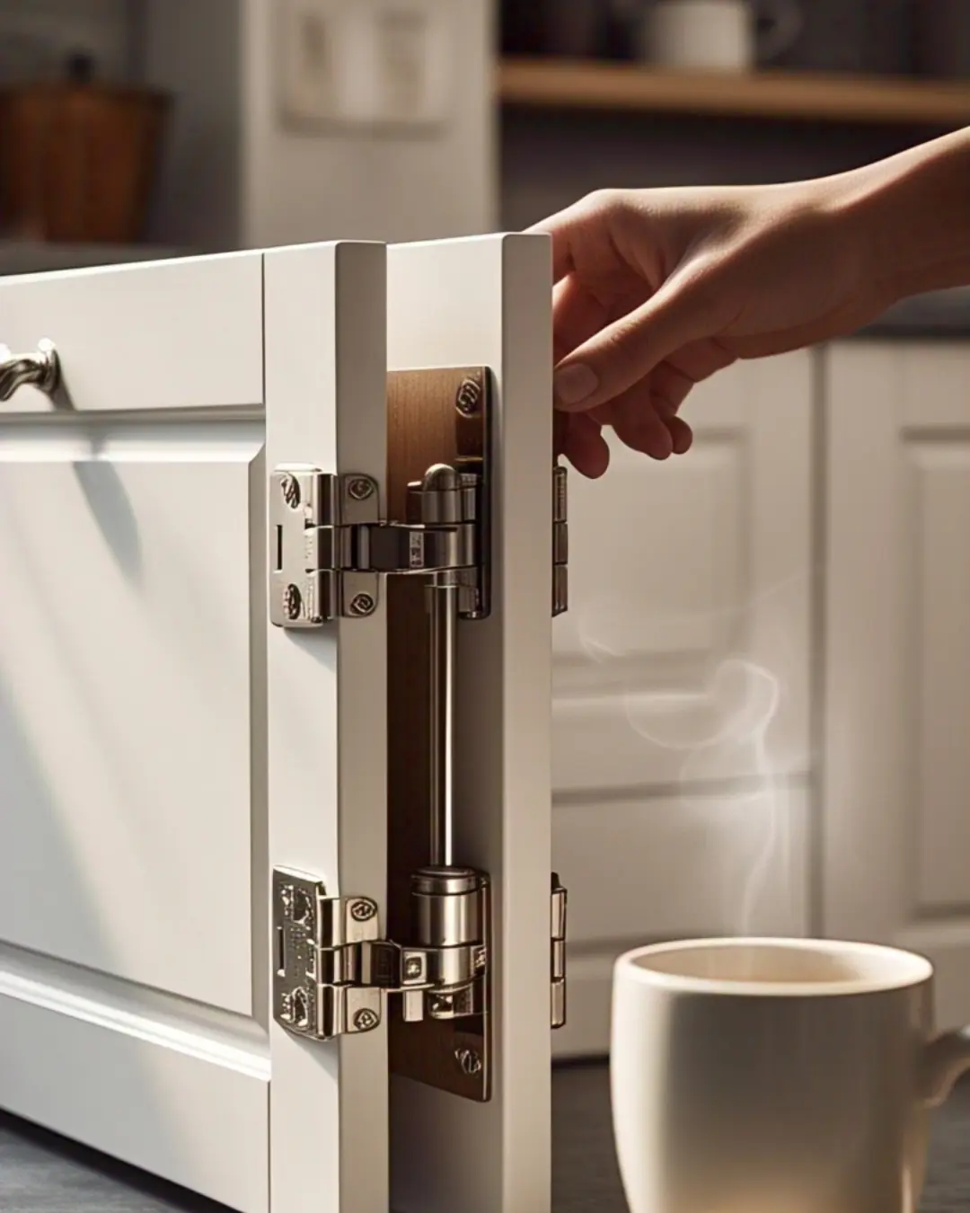 A hand gracefully pushing a white cabinet door closed, caught in that last inch where the soft-close mechanism engages. The hinge’s hydraulic arm glints in warm kitchen lighting, while a perfectly organized spice rack peeks out from inside. A steaming coffee mug sits nearby, because calm mornings start here.