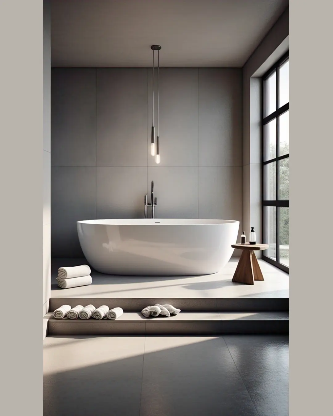 How and How Often You Should Clean Your Bathroom – A No-Stress Guide 7 A freestanding white bathtub gleaming under soft lighting, surrounded by rolled towels, a wooden bath tray holding a glass cleaner bottle and a bristle brush. The porcelain is so spotless it reflects the window’s sunlight—zero grime, just serenity.