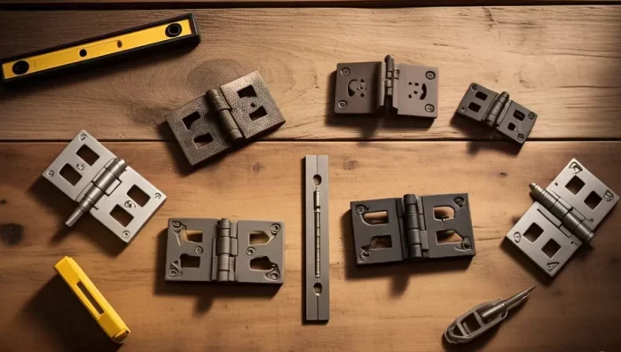 Comparison of 7 cabinet hinge types including concealed, overlay, and decorative hinges with tools on wooden background for home DIY projects