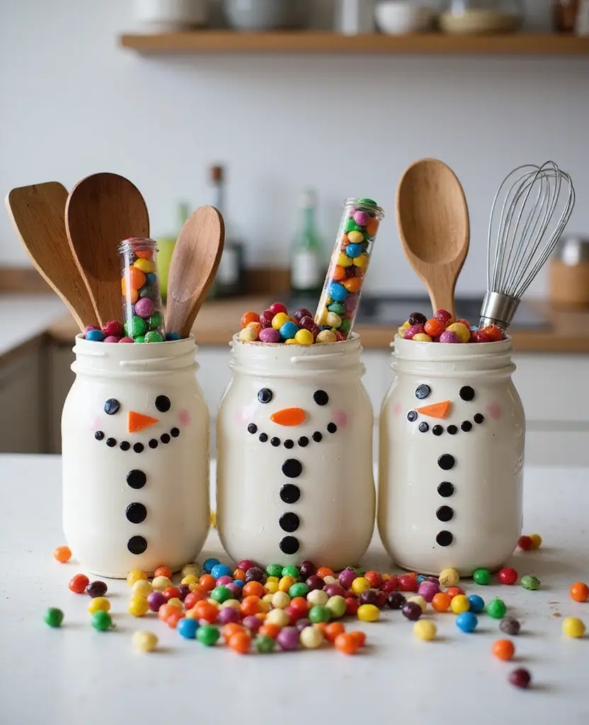 15 Budget-Friendly DIY Christmas Decorations for Your Kitchen (Incredible #11!) 56 15 Budget-Friendly DIY Christmas Decorations for Your Kitchen (Incredible #11!) - 9. Glittery Snowman Jar Decor
