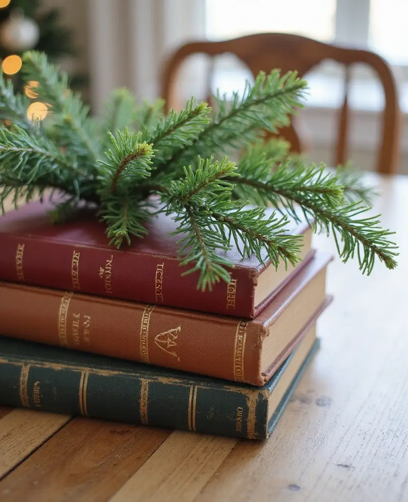 15 Easy and Low-Cost Christmas Centerpiece Ideas to Elevate Your Holiday Table (Wait Until You See #9!) - 10. Vintage Books Stack