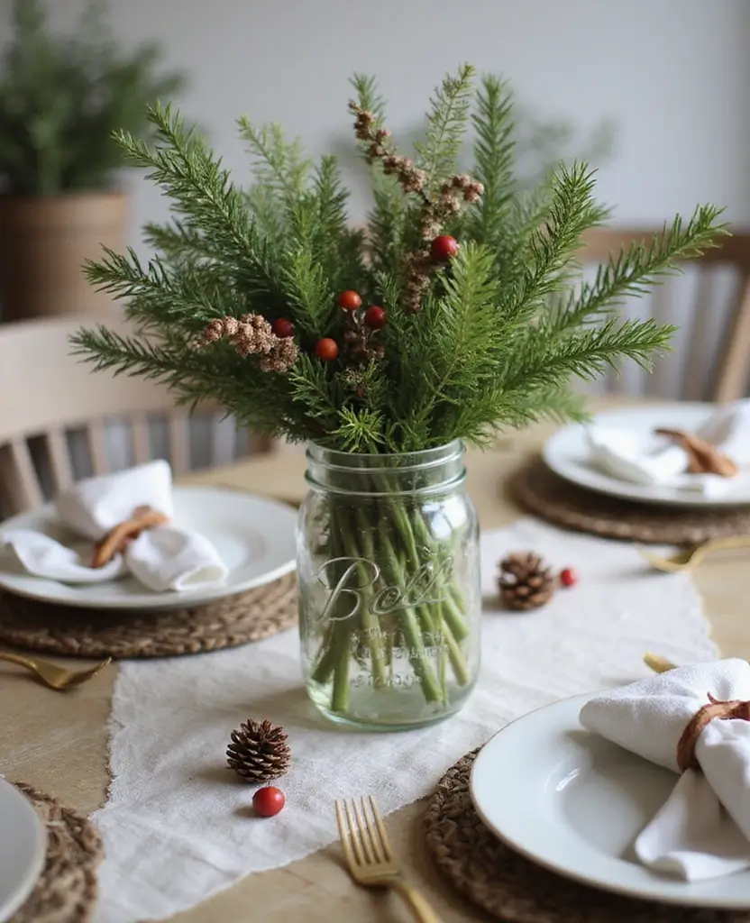 15 Easy and Low-Cost Christmas Centerpiece Ideas to Elevate Your Holiday Table (Wait Until You See #9!) - 7. Jar of Winter Greens