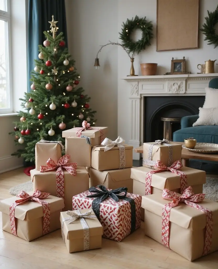 15 Quick & Easy Last-Minute Christmas Decor Ideas That Save the Day! 72 15 Quick & Easy Last-Minute Christmas Decor Ideas That Save the Day! - 11. Gift Wrap as Decor