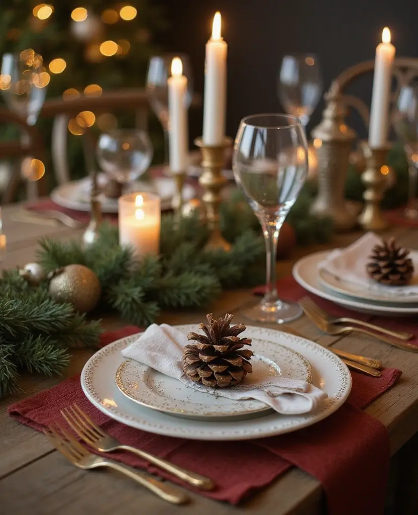 15 Quick & Easy Last-Minute Christmas Decor Ideas That Save the Day! 79 15 Quick & Easy Last-Minute Christmas Decor Ideas That Save the Day! - 12. Glittery Pinecone Table Settings