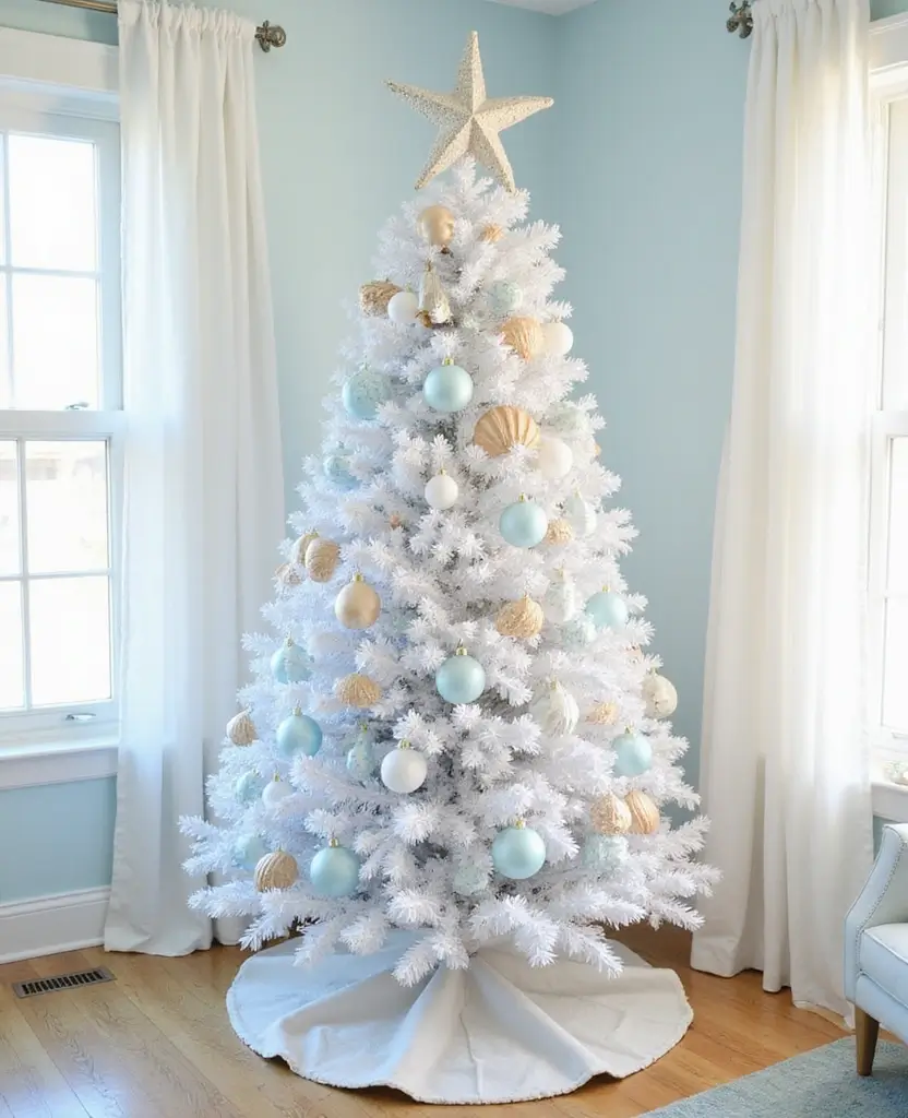 15 Sparkling White Christmas Tree Decor Ideas That Shine Bright This Holiday! 79 15 Sparkling White Christmas Tree Decor Ideas That Shine Bright This Holiday! - 12. Coastal Cheer