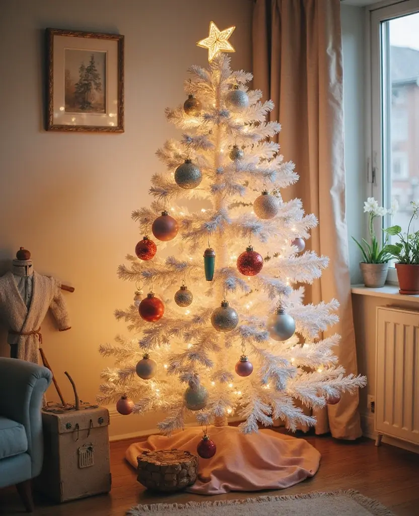 15 Sparkling White Christmas Tree Decor Ideas That Shine Bright This Holiday! 51 15 Sparkling White Christmas Tree Decor Ideas That Shine Bright This Holiday! - 8. Vintage Whimsy