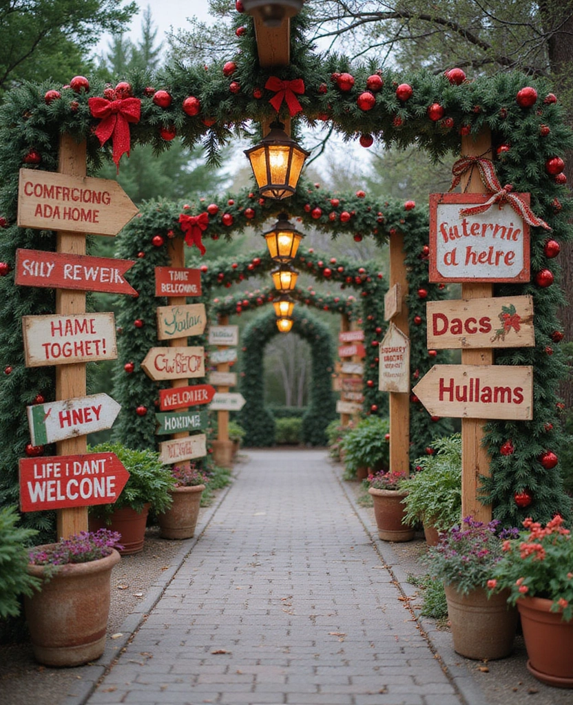 15 Stunning Outdoor Christmas Decorations That Light Up Your Pathway (You’ll Love #4!) - 6. Holiday Themed Pathway Signs