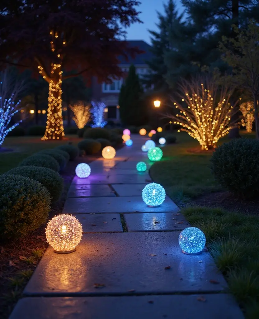 15 Stunning Outdoor Christmas Decorations That Light Up Your Pathway (You’ll Love #4!) - 7. Sparkling Pathway Orbs