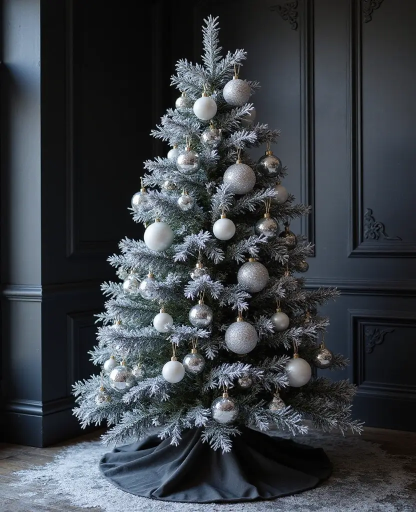 40+ Trendy dark Christmas Tree Designs That Will Wow Your Guests This Season! 121 40+ Trendy Black Christmas Tree Designs That Will Wow Your Guests This Season! - 18. Frosted Glam