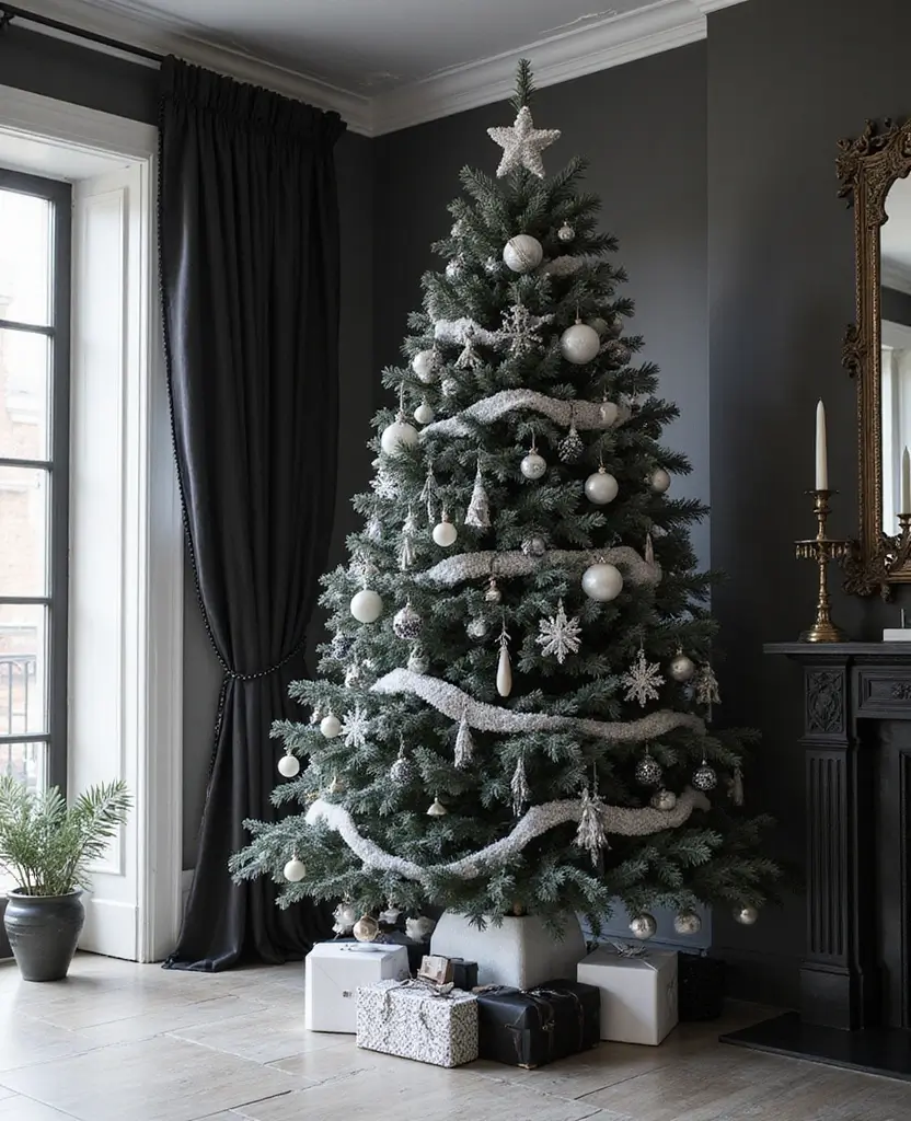 40+ Trendy dark Christmas Tree Designs That Will Wow Your Guests This Season! 205 40+ Trendy Black Christmas Tree Designs That Will Wow Your Guests This Season! - 30. Black & White Affair