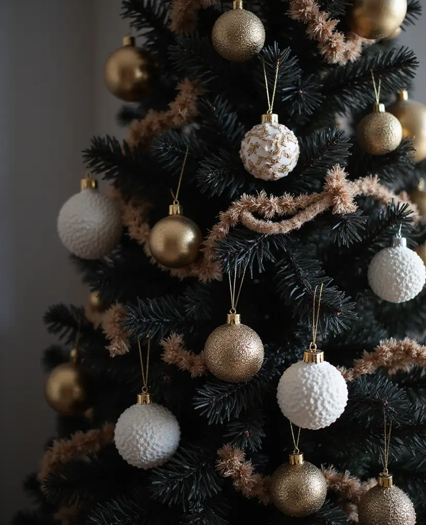 40+ Trendy dark Christmas Tree Designs That Will Wow Your Guests This Season! 254 40+ Trendy Black Christmas Tree Designs That Will Wow Your Guests This Season! - 37. Layered Textures