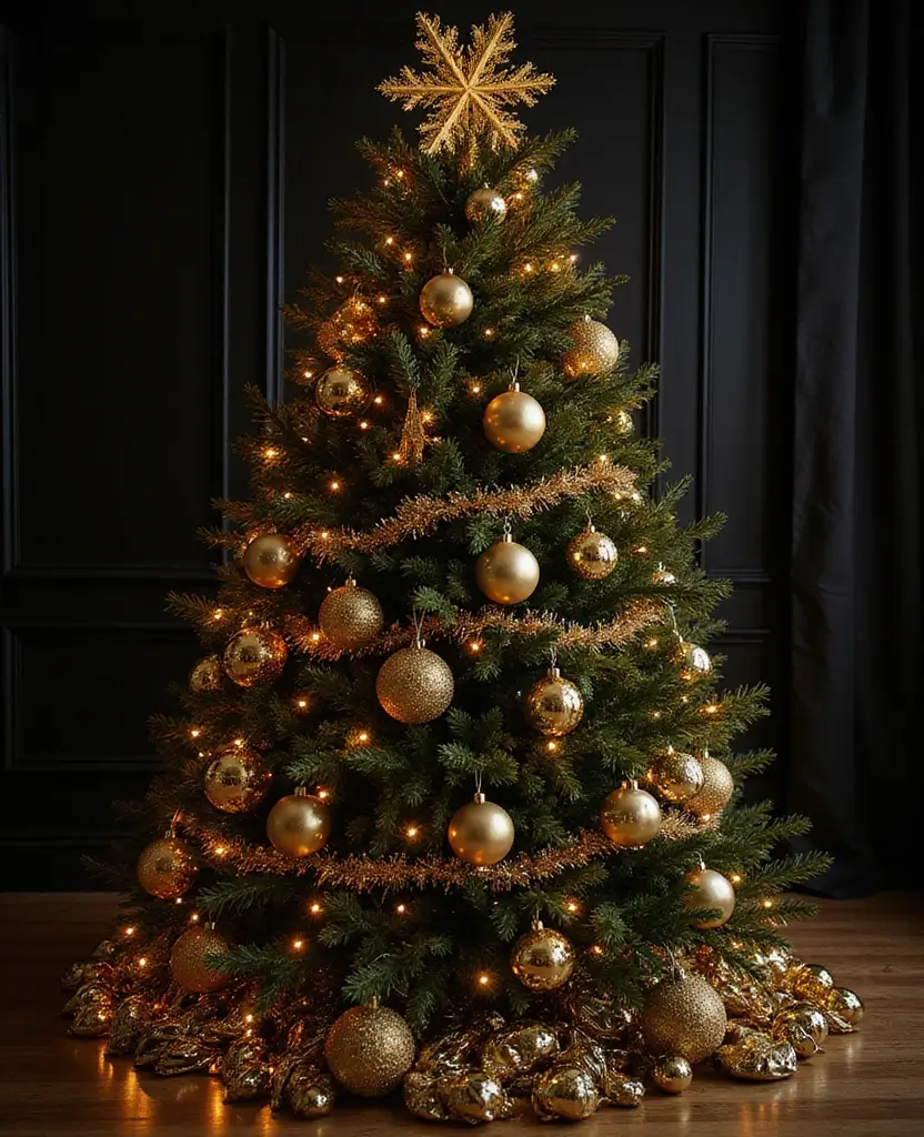 40+ Trendy dark Christmas Tree Designs That Will Wow Your Guests This Season! 44 40+ Trendy Black Christmas Tree Designs That Will Wow Your Guests This Season! - 7. Glamorous Gold