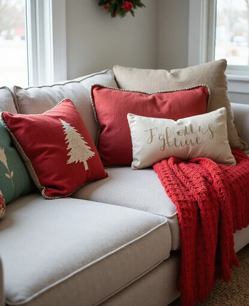 Transform Your Living Room: 15 Magical Christmas Decor Ideas You Can't Miss! 16 Transform Your Living Room: 15 Magical Christmas Decor Ideas You Can't Miss! - 3. Pillow and Blanket Wonderland