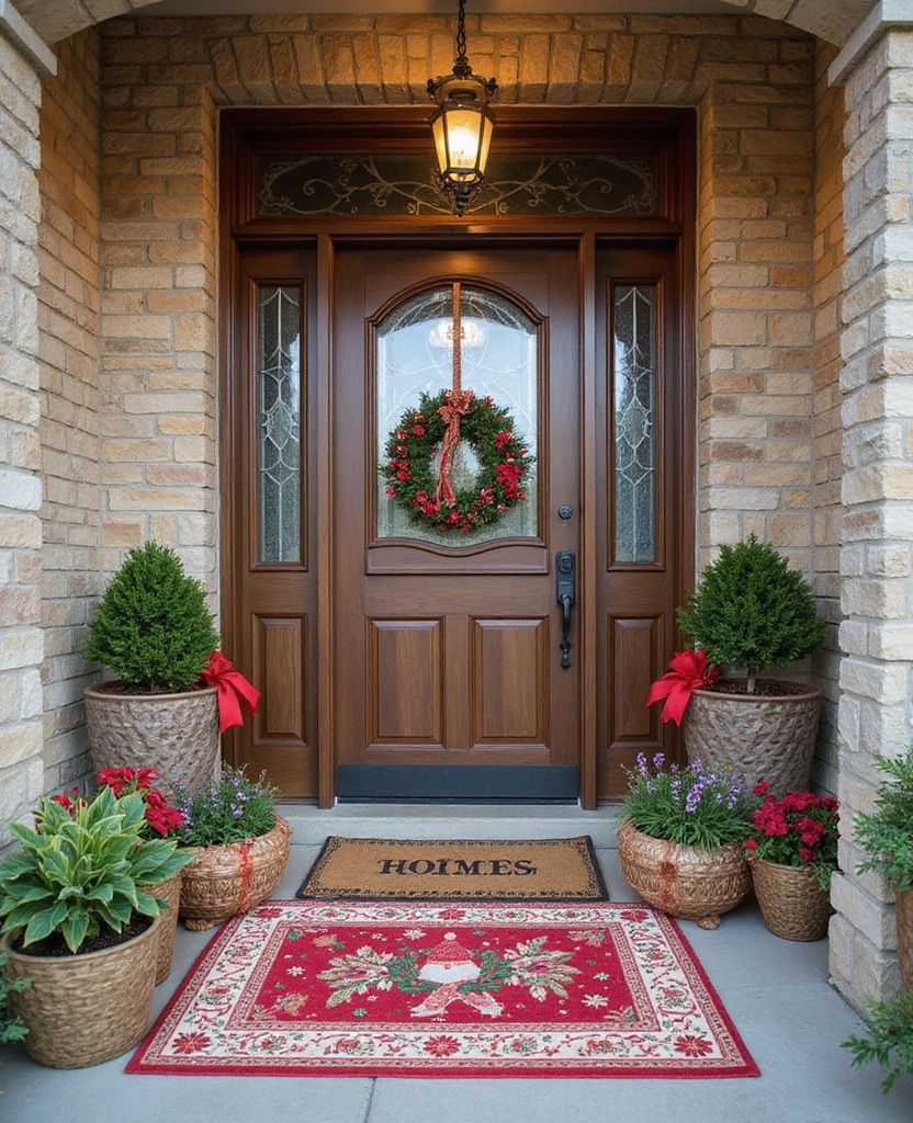 15 Stunning Christmas Entryway Decorations for Every Style! - 12. Holiday-Themed Door Mats
