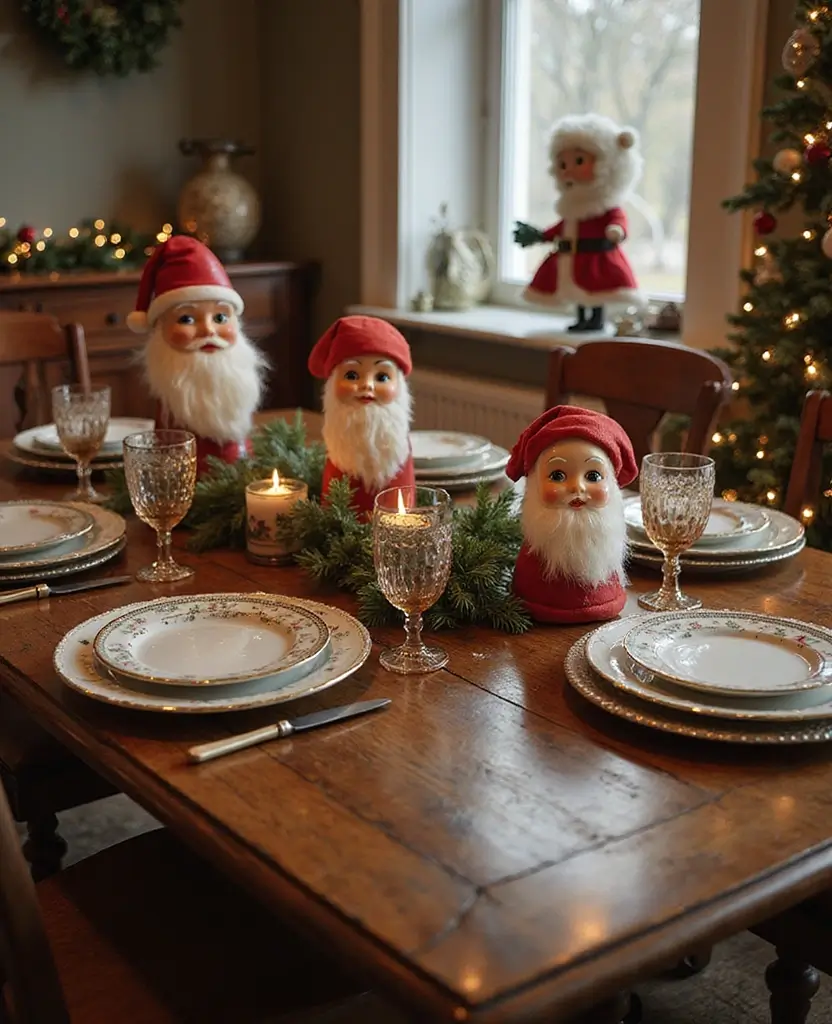 15 Traditional Christmas Dining Table Decorations That’ll Bring Back Holiday Memories! - 2. Vintage Santa Figurines
