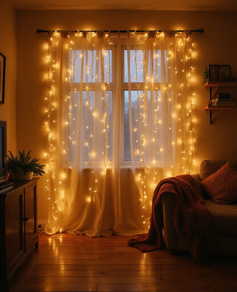 19 Affordable DIY Christmas Lighting Ideas That Look Expensive (But Don’t Break the Bank!) 60 19 Affordable DIY Christmas Lighting Ideas That Look Expensive (But Don’t Break the Bank!) - 9. String Light Curtains