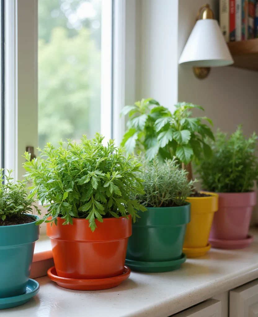 19 Apothecary Kitchen Ideas That Will Transform Your Cooking Space into a Herbal Haven! - 12. Colorful Plant Pots