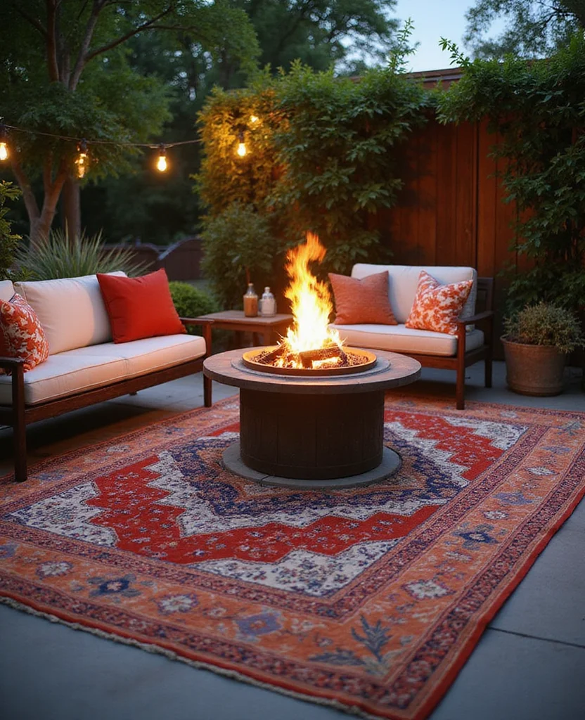 19 Backyard Fire Pit Lounge Ideas That'll Turn Your Yard into a Cozy Oasis (You Won't Believe #7!) - 10. Fire Pit with Outdoor Rugs