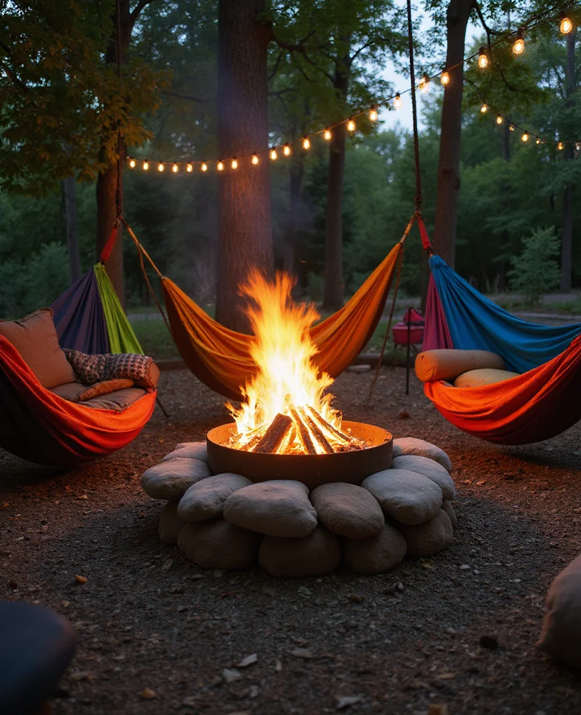 19 Backyard Fire Pit Lounge Ideas That'll Turn Your Yard into a Cozy Oasis (You Won't Believe #7!) - 9. Fire Pit Lounge with Hammocks