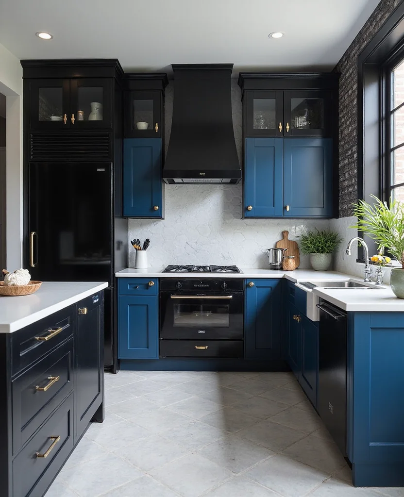 19 Bold Blue Kitchen Cabinet Ideas to Refresh Your Home (You Won't Believe #7!) - 14. Glossy Black and Blue Fusion