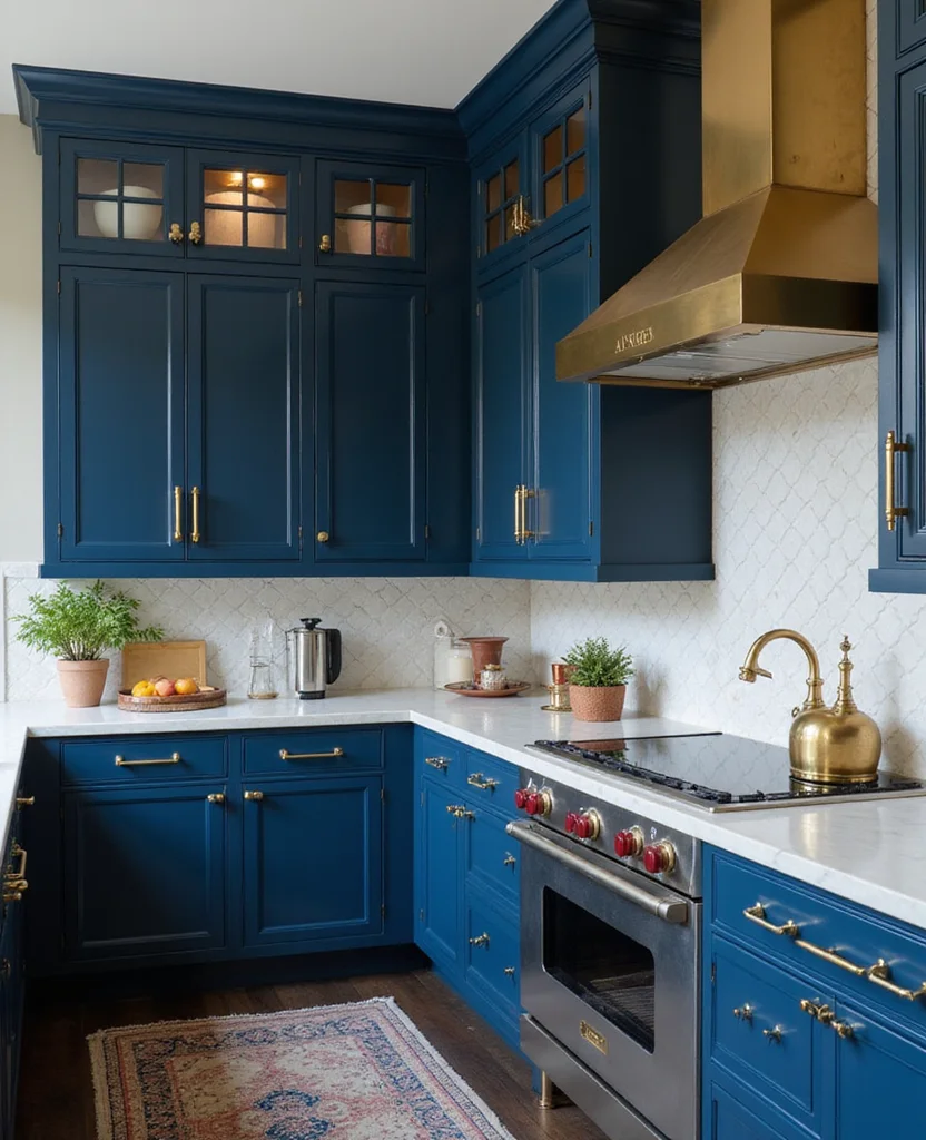 19 Bold Blue Kitchen Cabinet Ideas to Refresh Your Home (You Won't Believe #7!) - 17. Blue and Gold Glam