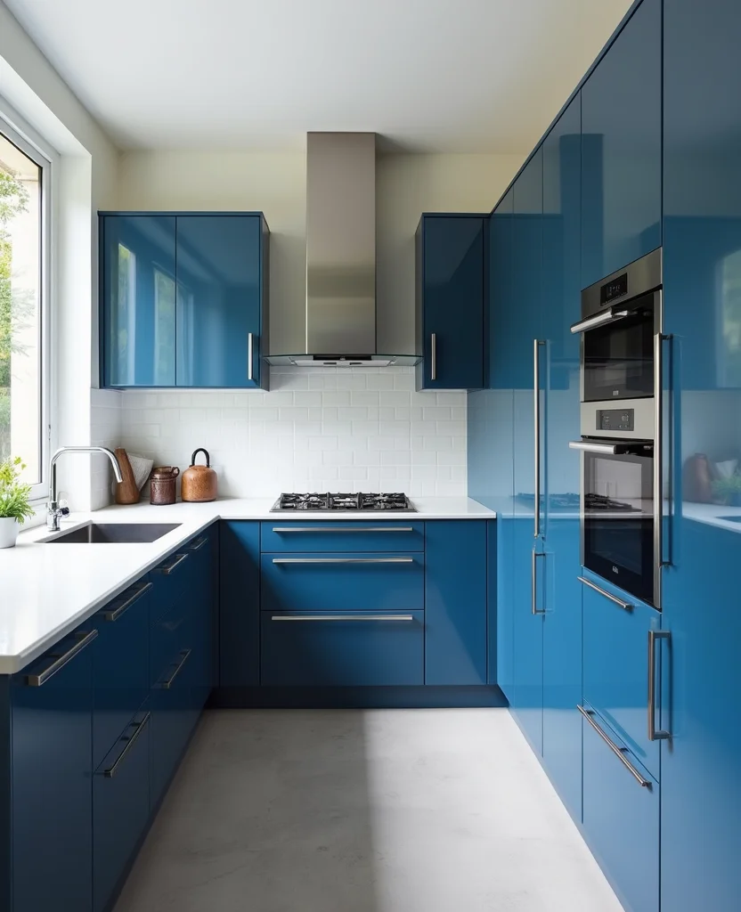 19 Bold Blue Kitchen Cabinet Ideas to Refresh Your Home (You Won't Believe #7!) - 8. Glossy Finish for Impact