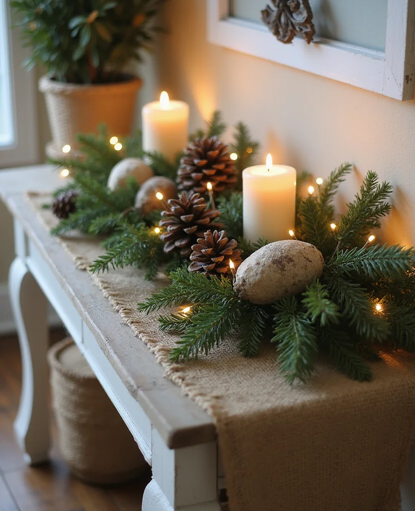 19 Cozy Christmas Entryway Table Decor Ideas for a Warm Welcome! 2 19 Cozy Christmas Entryway Table Decor Ideas for a Warm Welcome! - 1. Rustic Charm with Natural Elements