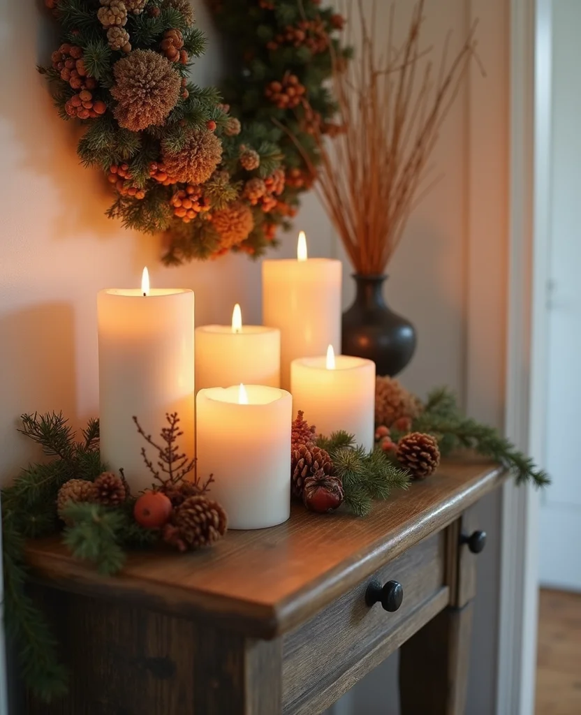 19 Cozy Christmas Entryway Table Decor Ideas for a Warm Welcome! 67 19 Cozy Christmas Entryway Table Decor Ideas for a Warm Welcome! - 10. Seasonal Scented Candles