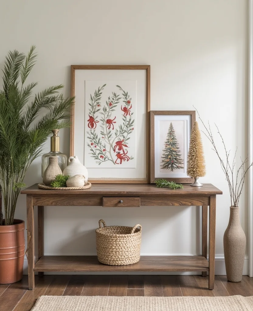 19 Cozy Christmas Entryway Table Decor Ideas for a Warm Welcome! 74 19 Cozy Christmas Entryway Table Decor Ideas for a Warm Welcome! - 11. Charming Holiday Artwork
