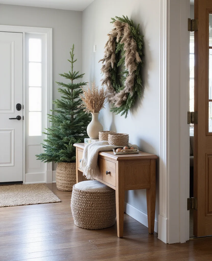 19 Cozy Christmas Entryway Table Decor Ideas for a Warm Welcome! 95 19 Cozy Christmas Entryway Table Decor Ideas for a Warm Welcome! - 14. Textured Fabrics for Warmth