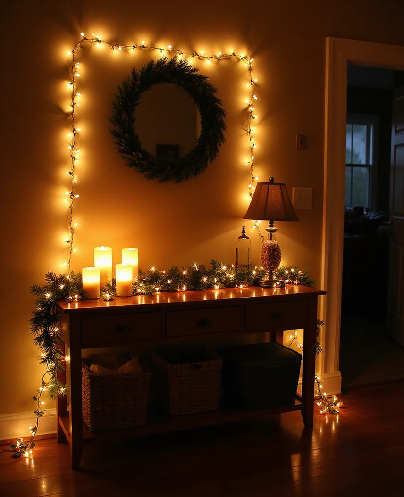 19 Cozy Christmas Entryway Table Decor Ideas for a Warm Welcome! 125 19 Cozy Christmas Entryway Table Decor Ideas for a Warm Welcome! - 18. Layered Lighting for a Cozy Glow